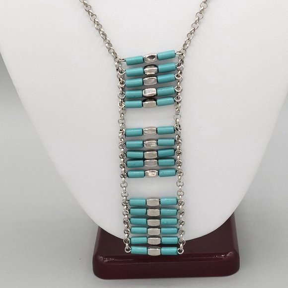 Womens Blue Beads Drop Pendant Silver Tone Round Link Chain Necklace 24 in - Picture 2 of 8